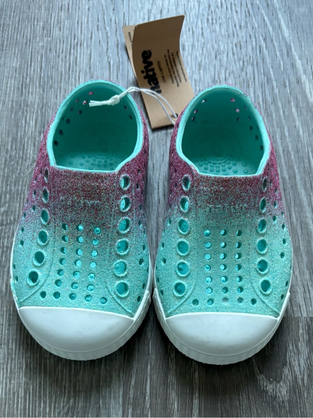 NWT Native Jefferson Glitter Slip-On Kids Shoes - Teal & Pink Size 4C